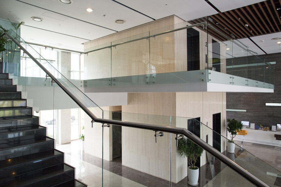 Modern interior design of office building. Empty lobby of condominium building. Two-level house design concept