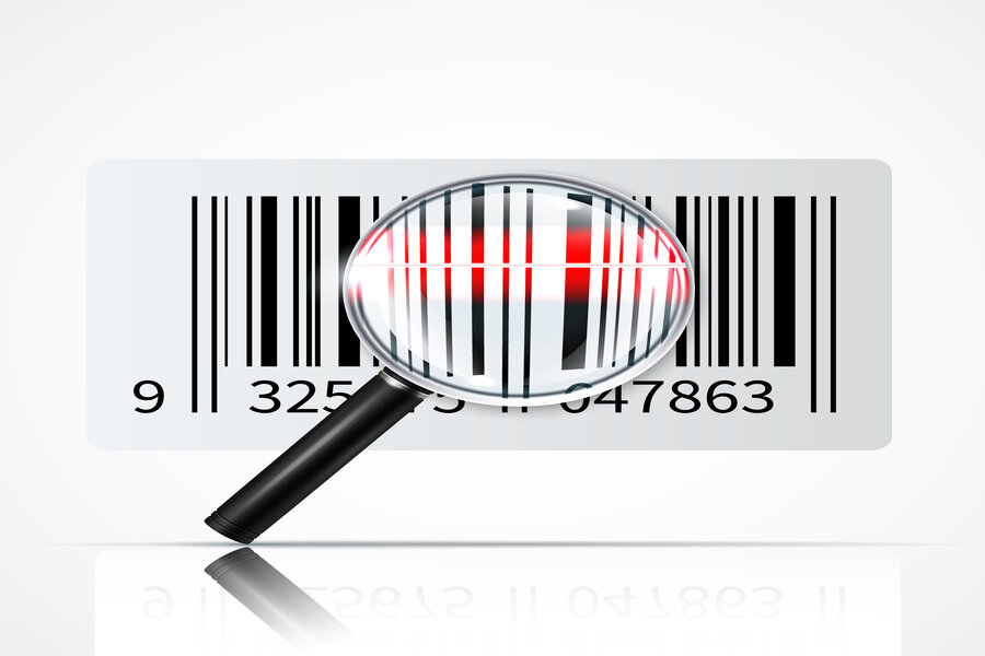 Linear bar code and magnifier for reading information with reflection on white background realistic vector illustration